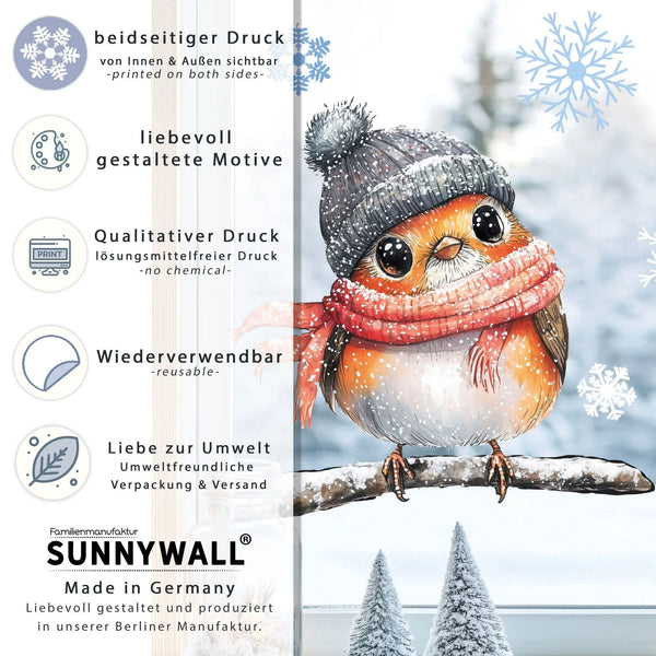 Fensterbild |  niedliches Rotkehlchen Robin | Winterliche Fensterbild Dekoration Sunnywall