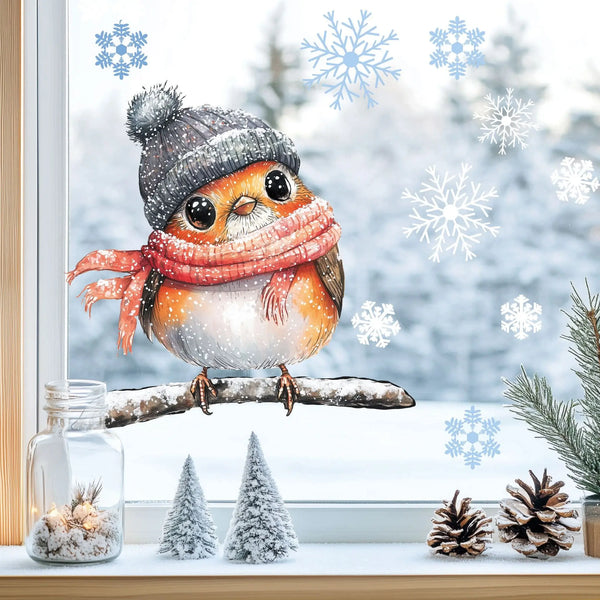 Fensterbild |  niedliches Rotkehlchen Robin | Winterliche Fensterbild Dekoration Sunnywall