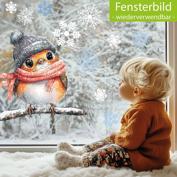 Fensterbild |  niedliches Rotkehlchen Robin | Winterliche Fensterbild Dekoration Sunnywall