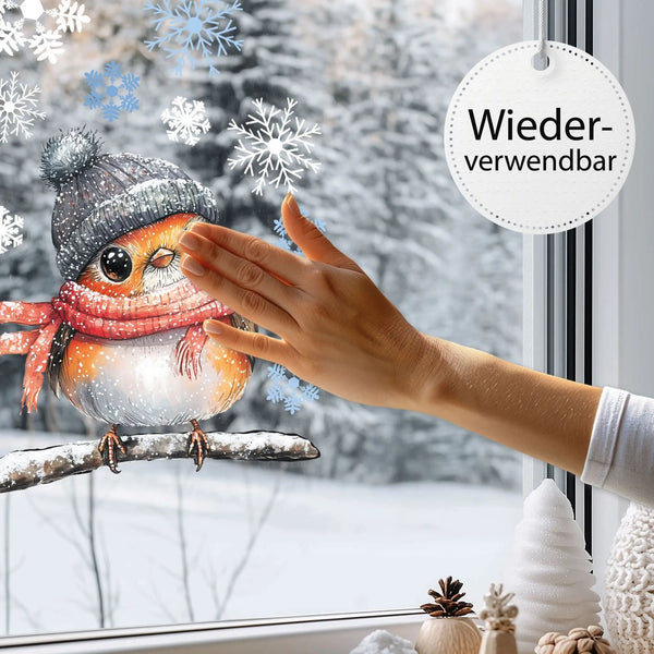 Fensterbild |  niedliches Rotkehlchen Robin | Winterliche Fensterbild Dekoration Sunnywall