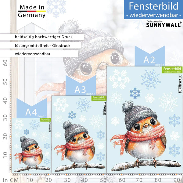 Fensterbild |  niedliches Rotkehlchen Robin | Winterliche Fensterbild Dekoration Sunnywall