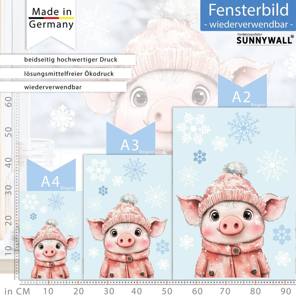 Fensterbild |  niedliches Schweinchen mit Wintermütze | Winterliche Fensterbild Dekoration Sunnywall