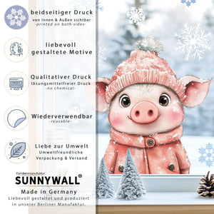 Fensterbild |  niedliches Schweinchen mit Wintermütze | Winterliche Fensterbild Dekoration Sunnywall