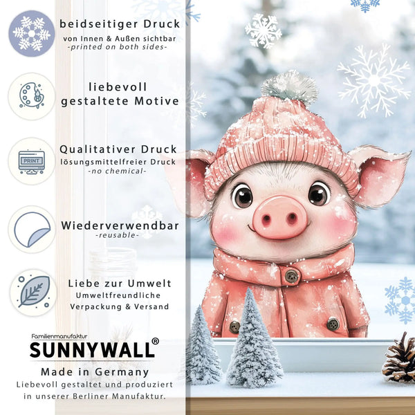 Fensterbild |  niedliches Schweinchen mit Wintermütze | Winterliche Fensterbild Dekoration Sunnywall
