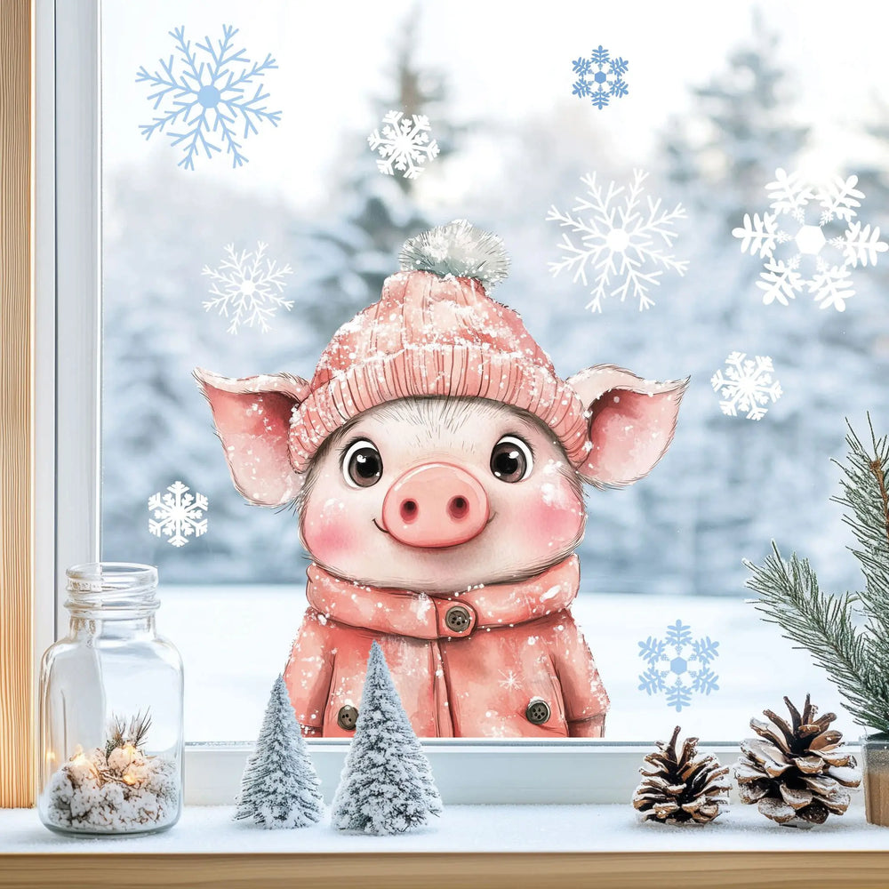 Fensterbild |  niedliches Schweinchen mit Wintermütze | Winterliche Fensterbild Dekoration Sunnywall