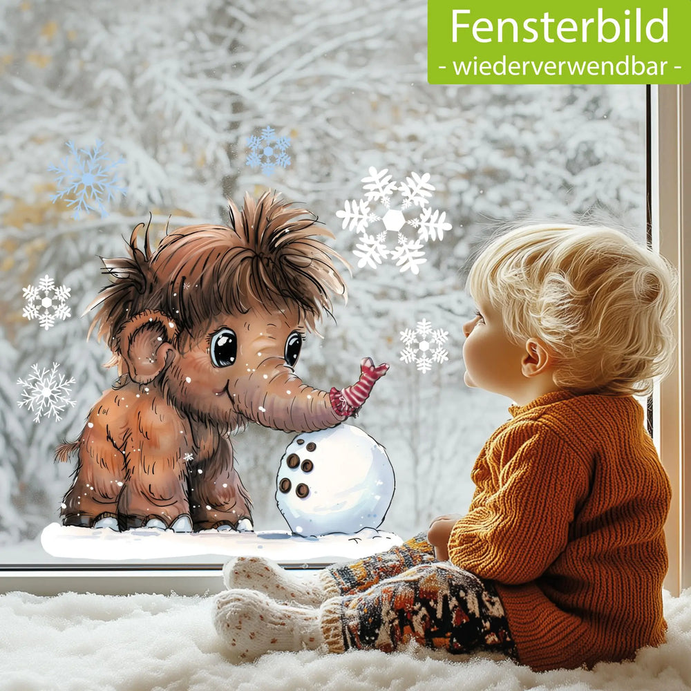 Fensterbild |  süßes Mammut baut Schneemann | Winterliche Fensterbild Dekoration Sunnywall