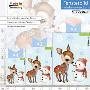 Fensterbild |  süßes Rehkitz mit Schneemann | Winterliche Fensterbild Dekoration Sunnywall