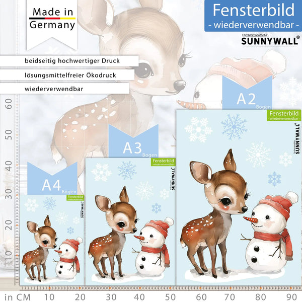 Fensterbild |  süßes Rehkitz mit Schneemann | Winterliche Fensterbild Dekoration Sunnywall