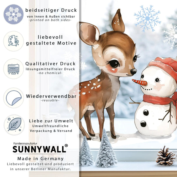 Fensterbild |  süßes Rehkitz mit Schneemann | Winterliche Fensterbild Dekoration Sunnywall