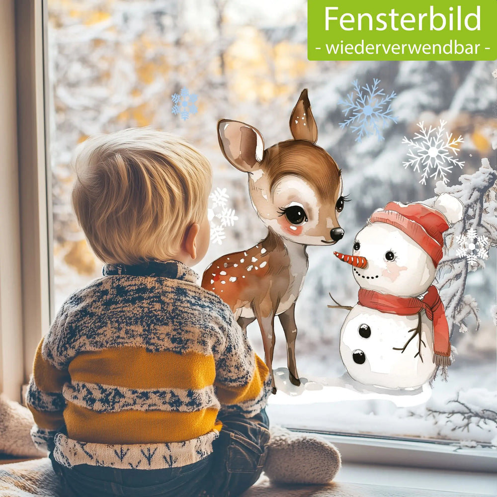 Fensterbild |  süßes Rehkitz mit Schneemann | Winterliche Fensterbild Dekoration Sunnywall
