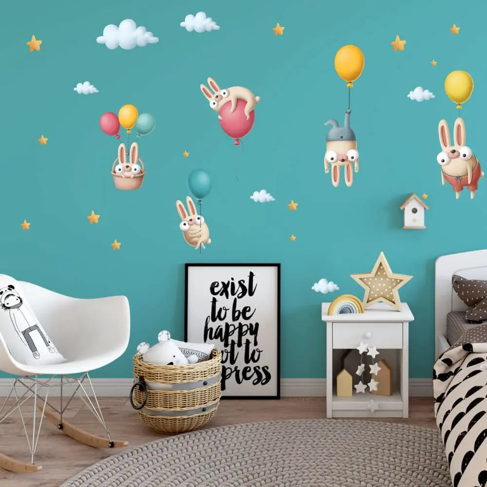 Fliegende Hasen Comic Wandsticker - Wandtattoo Kinderzimmer Baby Wandaufkleber Sunnywall