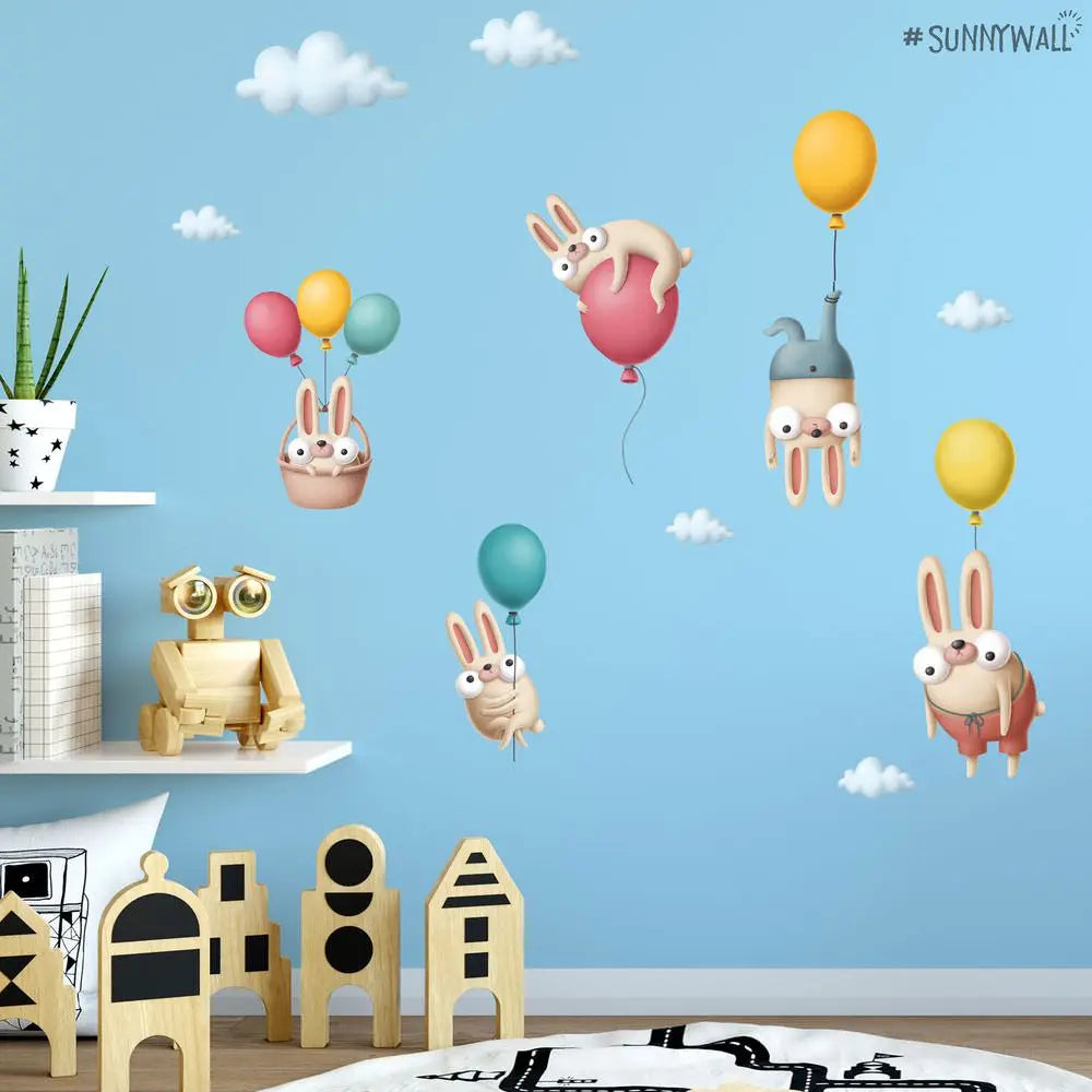 Fliegende Hasen Comic Wandsticker - Wandtattoo Kinderzimmer Baby Wandaufkleber Sunnywall
