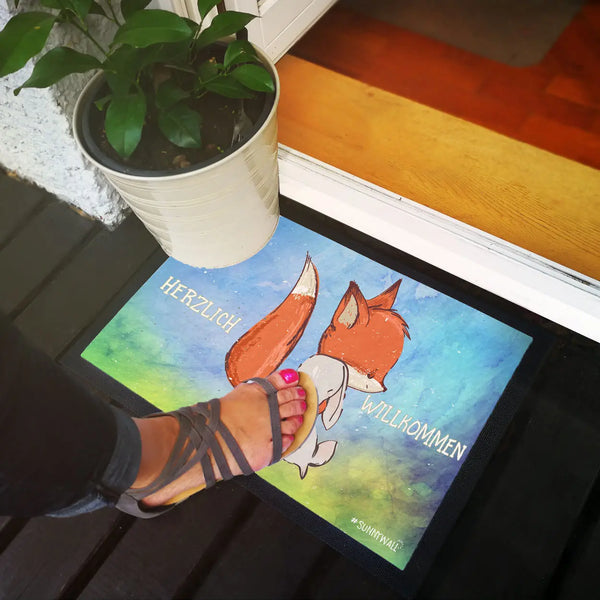 Fußmatte Fuchs und Hase Herzlich Willkommen 50 x 35, 60 x 40, 75 x 50 cm Sunnywall