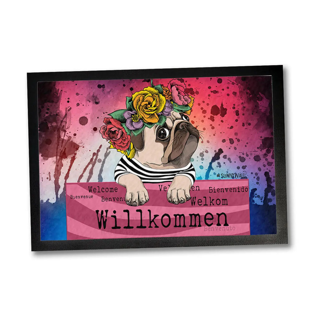 Fußmatte Mops Hund Willkommen Blumenkranz Sunnywall