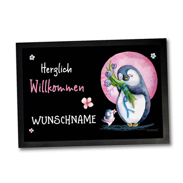 Fußmatte Pinguin Blume - Herzlich Willkommen - DEIN WUNSCHNAME - individuell personalisiert Sunnywall