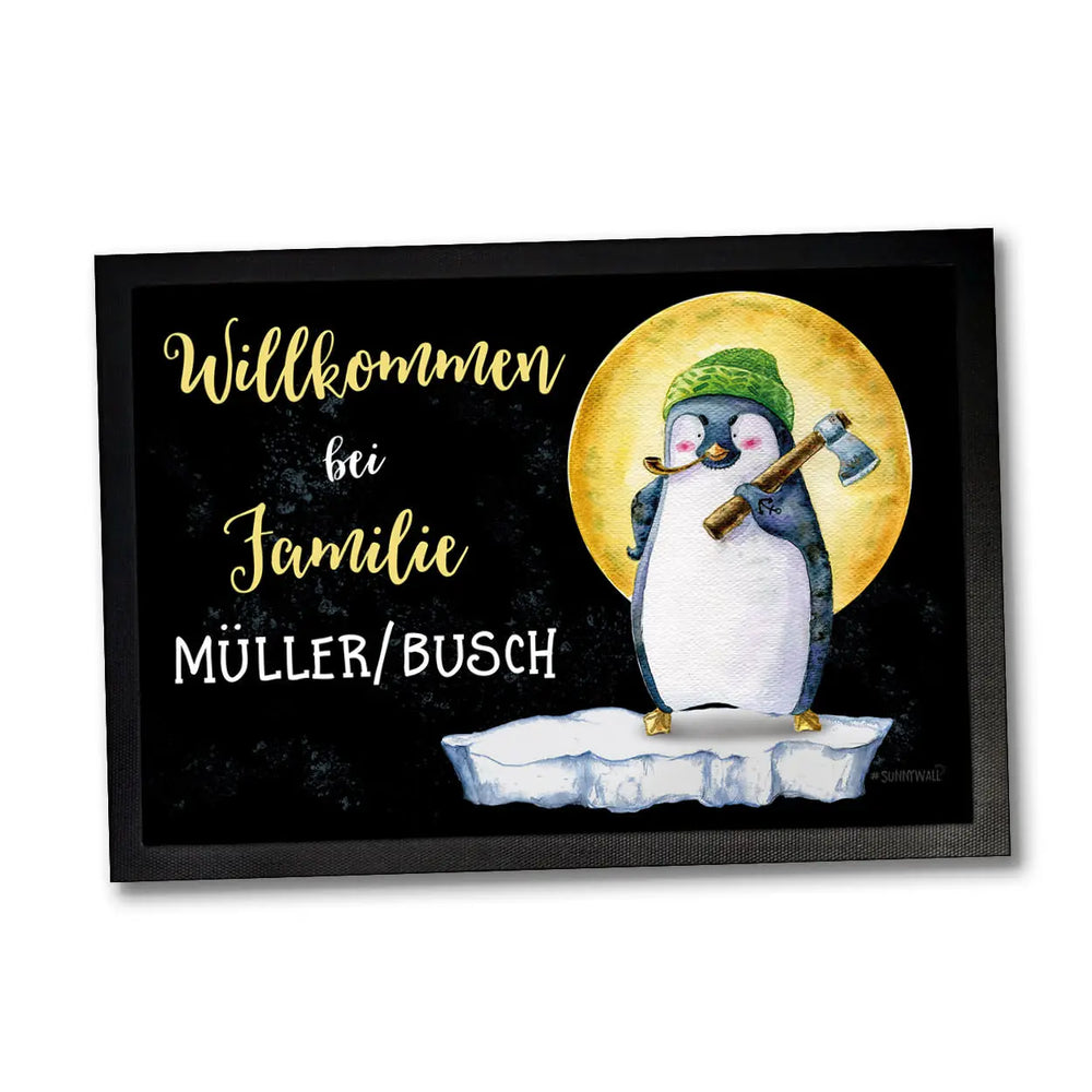 Fußmatte Pinguin Holzfäller - Willkommen bei Familie - DEIN WUNSCHNAME Sunnywall