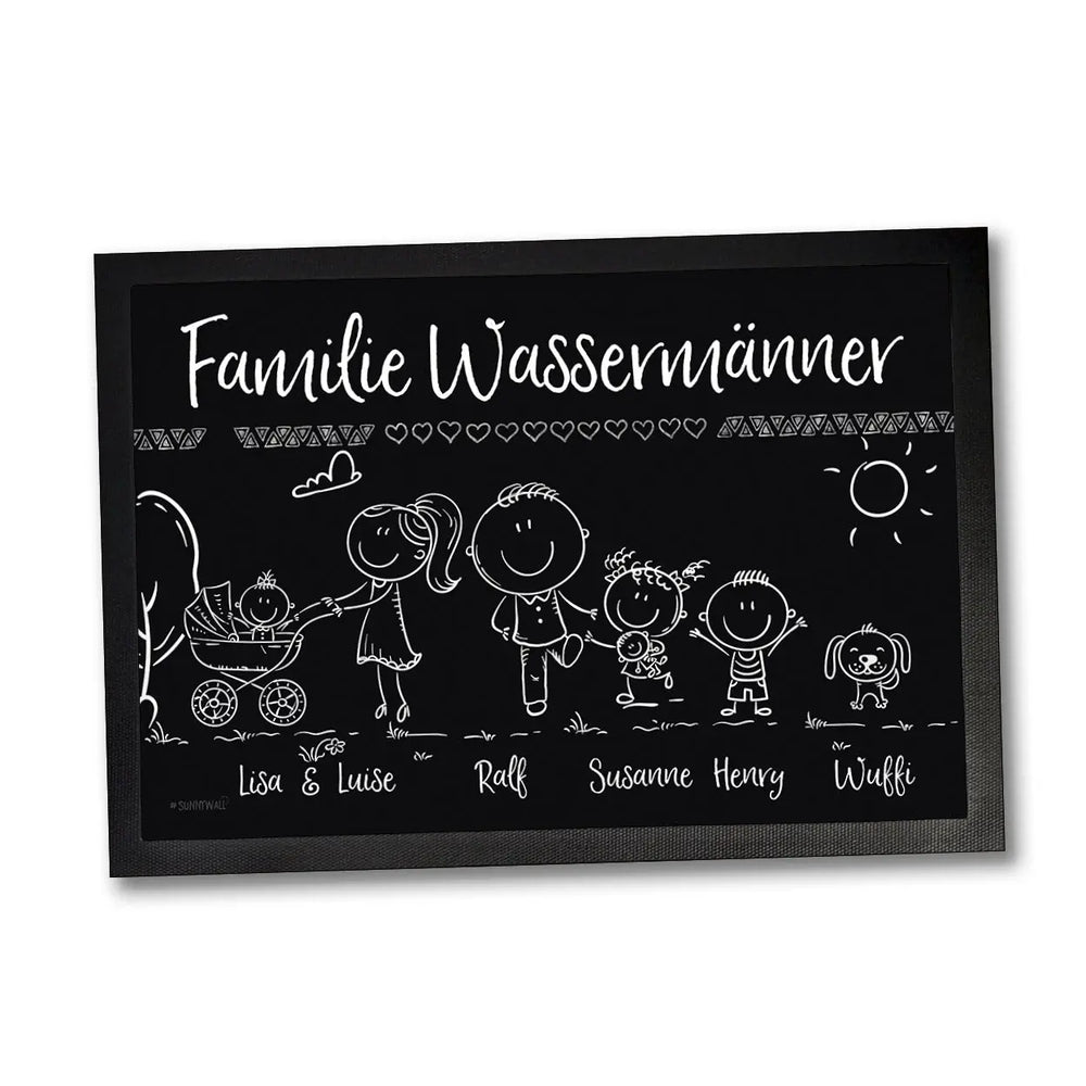 Fußmatte - Willkommen Familie - Kinder, Eltern, Oma, Opa, Hund Katze Personalisiert mit Strichmännchen und Wunschname Sunnywall