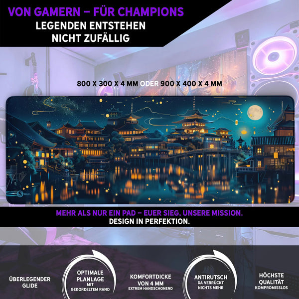 Gaming Mauspad XXL | Chinesischer Tempel bei Nacht | PREMIUM-DICKE 4 MM Sunnywall