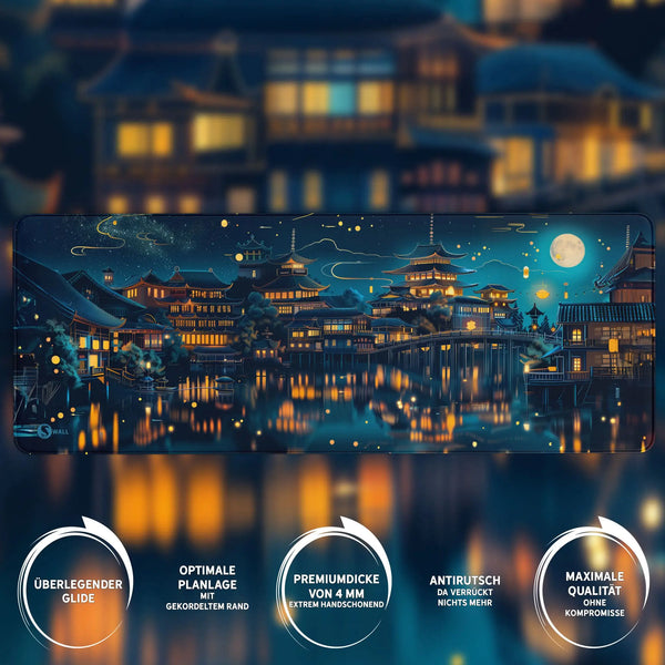 Gaming Mauspad XXL | Chinesischer Tempel bei Nacht | PREMIUM-DICKE 4 MM Sunnywall