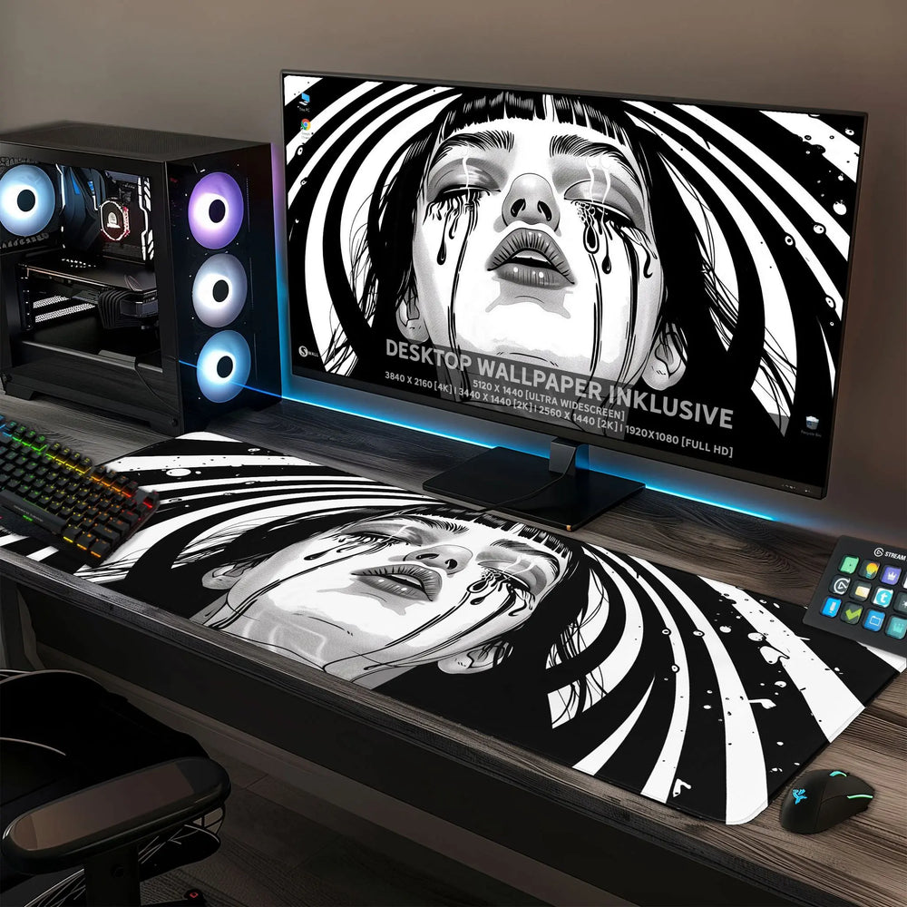 Gaming Mauspad XXL | Crying Girl - Black `n White | PREMIUM-DICKE 4 MM Sunnywall