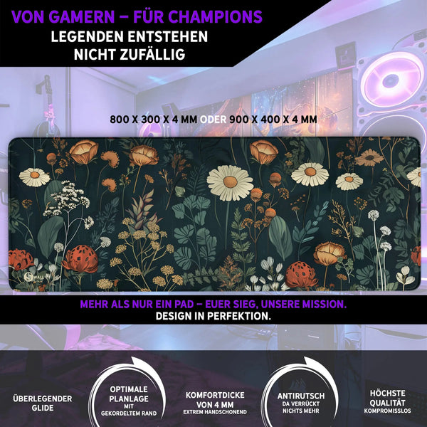 Gaming Mauspad XXL | Floral - Blumengarten | PREMIUM-DICKE 4 MM Sunnywall