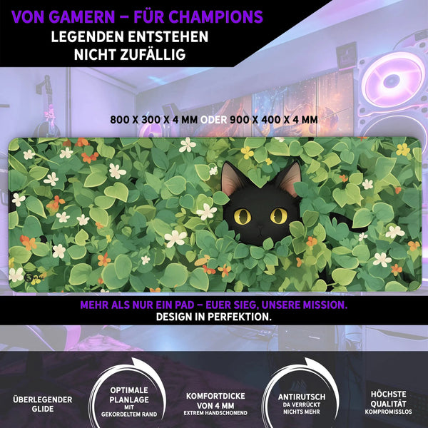 Gaming Mauspad XXL | Schwarze Katze LoFi | PREMIUM-DICKE 4 MM Sunnywall