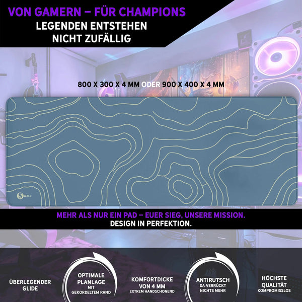 Gaming Mauspad XXL | Topografie - blau | PREMIUM-DICKE 4 MM Sunnywall