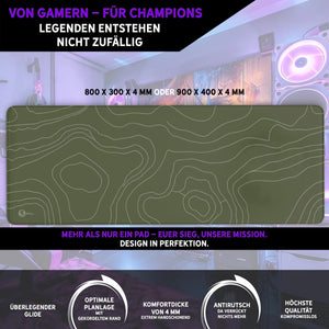 Gaming Mauspad XXL | Topografie - moosgrün | PREMIUM-DICKE 4 MM Sunnywall