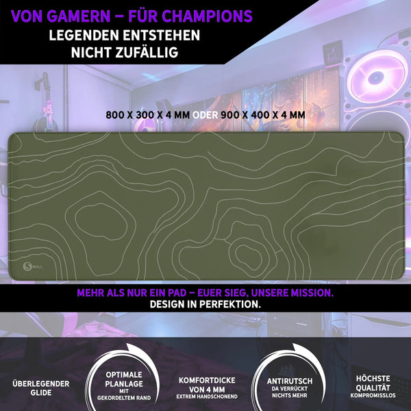 Gaming Mauspad XXL | Topografie - moosgrün | PREMIUM-DICKE 4 MM Sunnywall