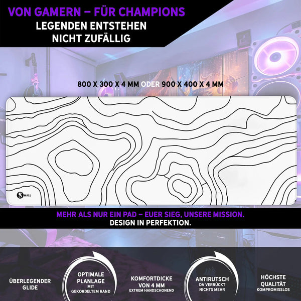 Gaming Mauspad XXL | Topografie - weiss | PREMIUM-DICKE 4 MM Sunnywall