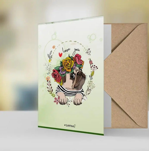 Geschenkkarte Grußkarte Karte pug Mops Blumenkranz love you Sunnywall