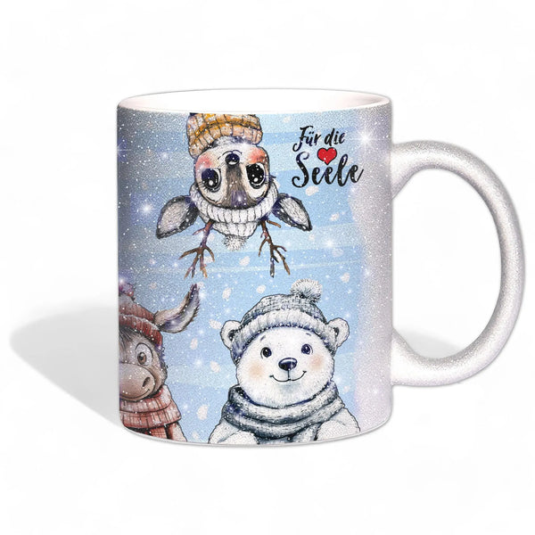Glitzertasse - Winterliche Tierfreunde - Für die Seele - Weihnachten - Silber Glitzer Sunnywall