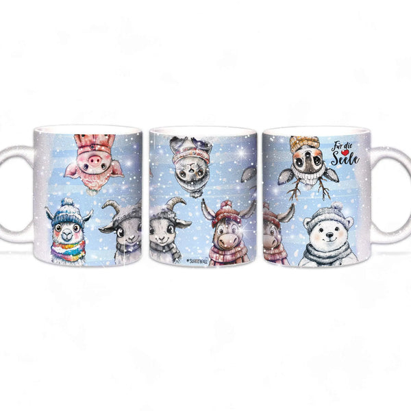 Glitzertasse - Winterliche Tierfreunde - Für die Seele - Weihnachten - Silber Glitzer Sunnywall