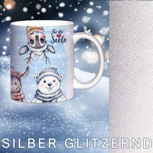 Glitzertasse - Winterliche Tierfreunde - Für die Seele - Weihnachten - Silber Glitzer Sunnywall
