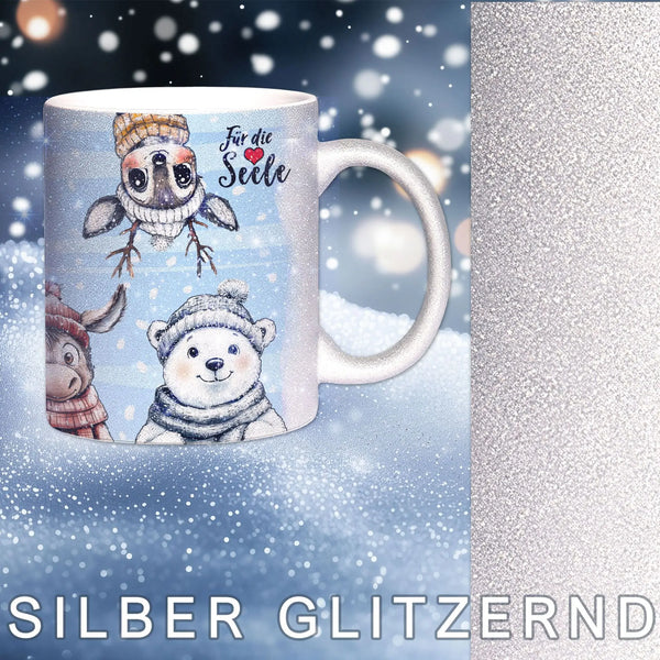 Glitzertasse - Winterliche Tierfreunde - Für die Seele - Weihnachten - Silber Glitzer Sunnywall