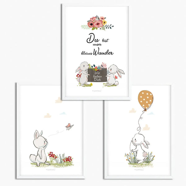 Hasen Poster Set Kinderzimmer - A4 - Bilder Kinderzimmer 3er Set Sunnywall