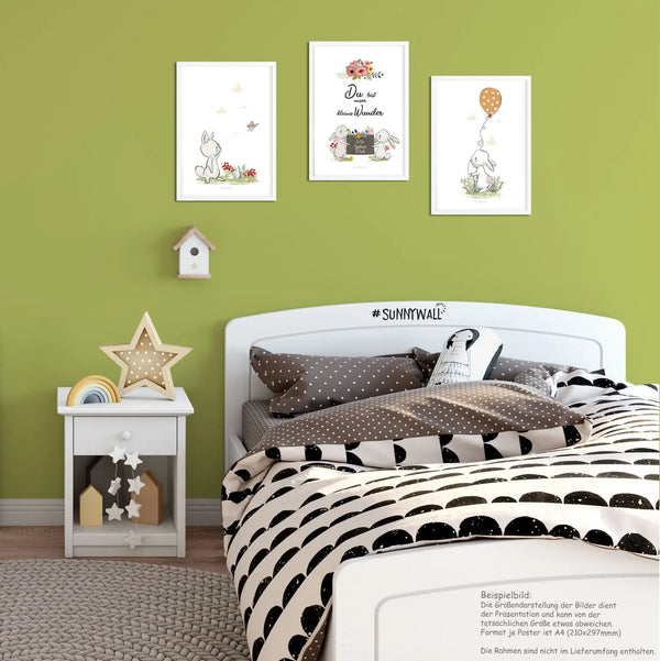 Hasen Poster Set Kinderzimmer - A4 - Bilder Kinderzimmer 3er Set Sunnywall