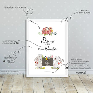 Hasen Poster Set Kinderzimmer - A4 - Bilder Kinderzimmer 3er Set Sunnywall