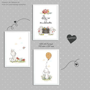 Hasen Poster Set Kinderzimmer - A4 - Bilder Kinderzimmer 3er Set Sunnywall