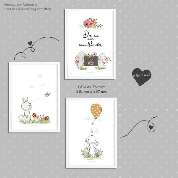 Hasen Poster Set Kinderzimmer - A4 - Bilder Kinderzimmer 3er Set Sunnywall