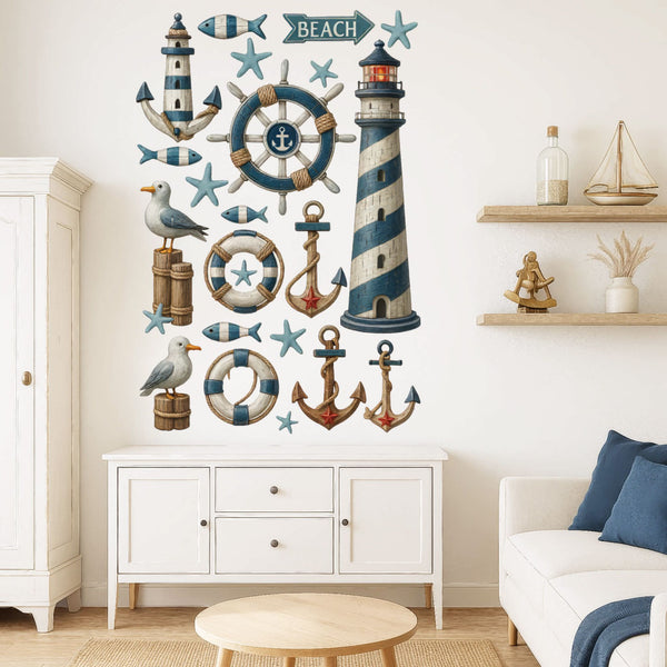 Wandtattoo Maritim Set – Leuchtturm, Anker, Möwen & Seesterne als maritime Wanddeko