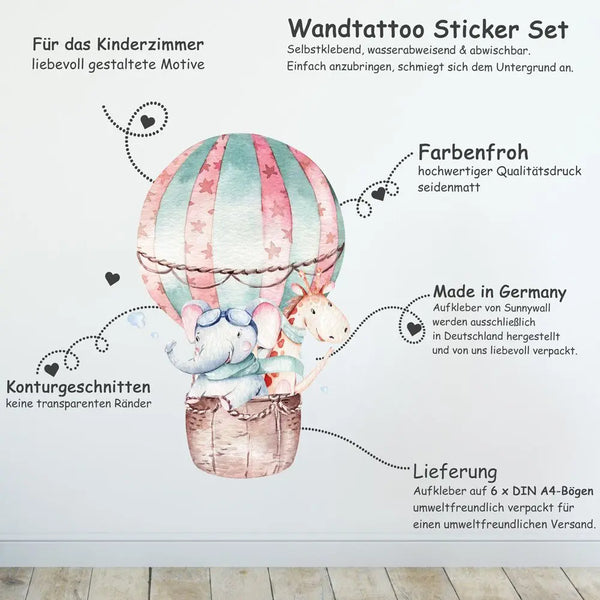 Himmel Safari Tiere - In the sky - Wandtattoo Kinderzimmer Baby Wandaufkleber - 6 x A4 Set Sunnywall