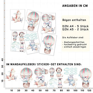 Himmel Safari Tiere - In the sky - Wandtattoo Kinderzimmer Baby Wandaufkleber - 6 x A4 Set Sunnywall