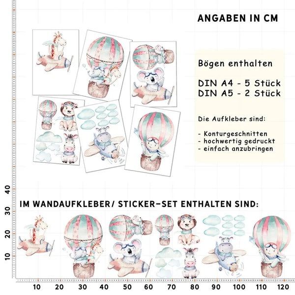 Himmel Safari Tiere - In the sky - Wandtattoo Kinderzimmer Baby Wandaufkleber - 6 x A4 Set Sunnywall
