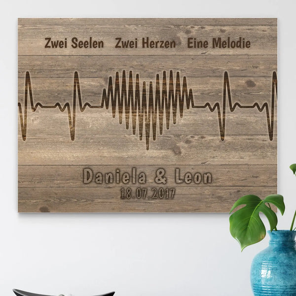 Holzbild - Zwei Seelen - Zwei Herzen - Eine Melodie mit Wunschnamen und Datum Sunnywall