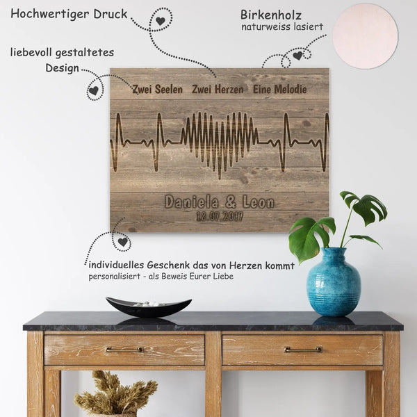 Holzbild - Zwei Seelen - Zwei Herzen - Eine Melodie mit Wunschnamen und Datum Sunnywall