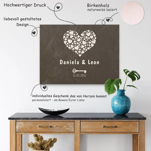 Holzbild für Paare, Herz, Hochzeit, Liebesgeschenk mit Wunschnamen und Datum Sunnywall