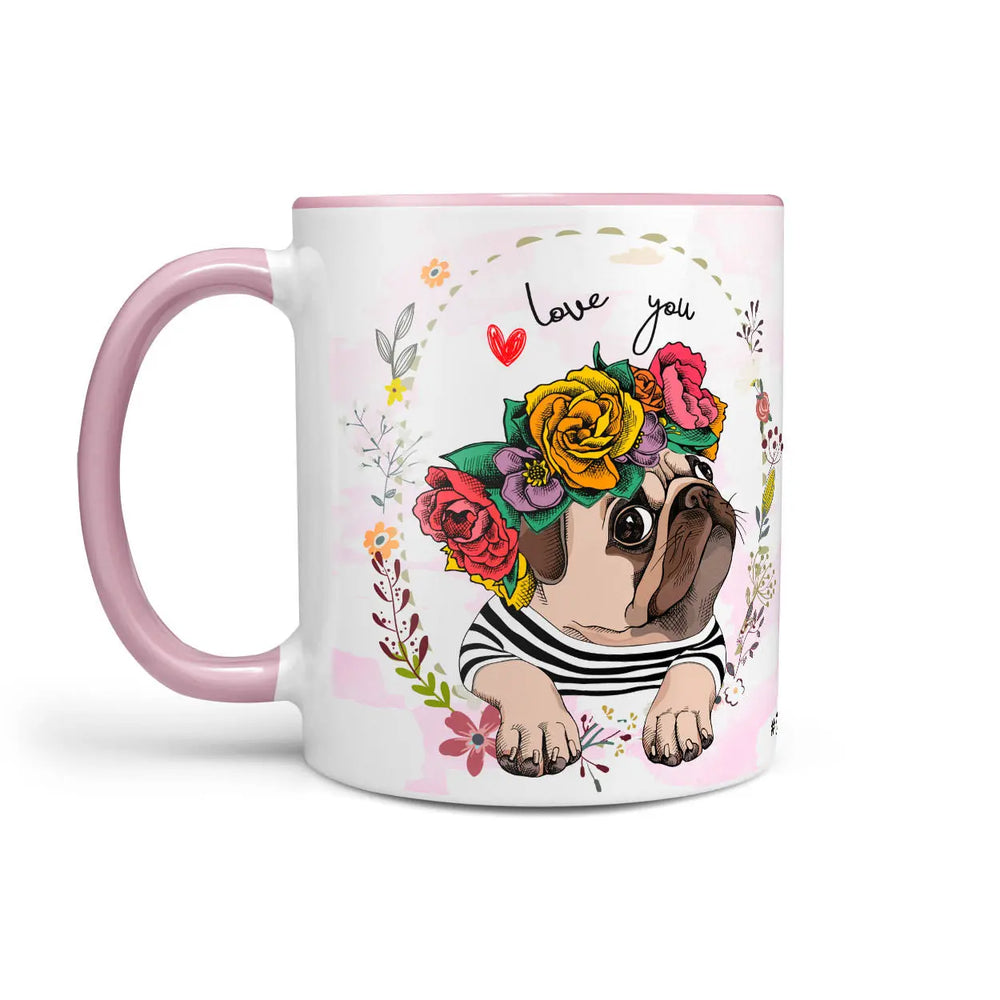Kaffeetasse Tasse Teetasse Mops pug mit Blumenkranz Sunnywall