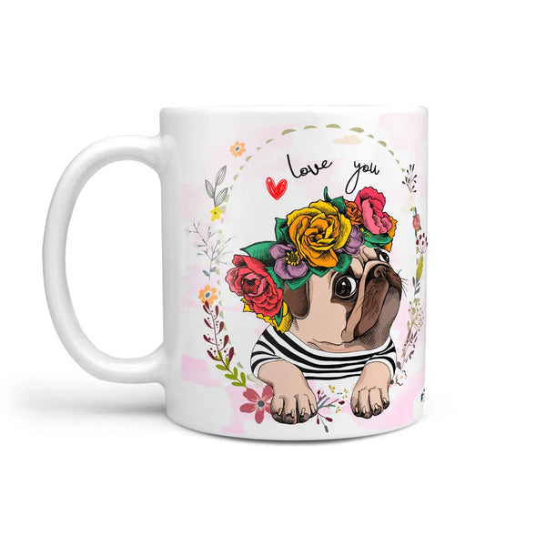 Kaffeetasse Tasse Teetasse Mops pug mit Blumenkranz Sunnywall