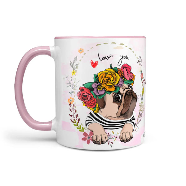 Kaffeetasse Tasse Teetasse Mops pug mit Blumenkranz Sunnywall